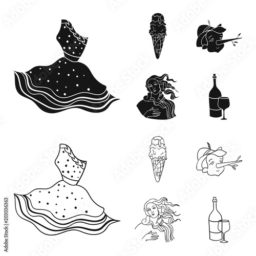 Italian dress, gelato, pinocchio, goddess of love. Italy set collection icons in black,outline style vector symbol stock illustration web.