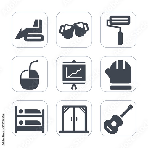 Premium fill icons set on white background . Such as window, guitar, winter, lager, device, hydraulic, industry, foam, bar, roll, season, bulldozer, drink, machinery, scarf, internet, mouse, music