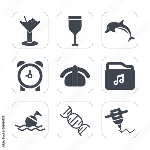 Premium fill icons set on white background . Such as hand, time, dna, ice, watch, life, help, beverage, dolphin, file, lifebuoy, party, bottle, animal, machine, music, ocean, work, alcohol, salmon