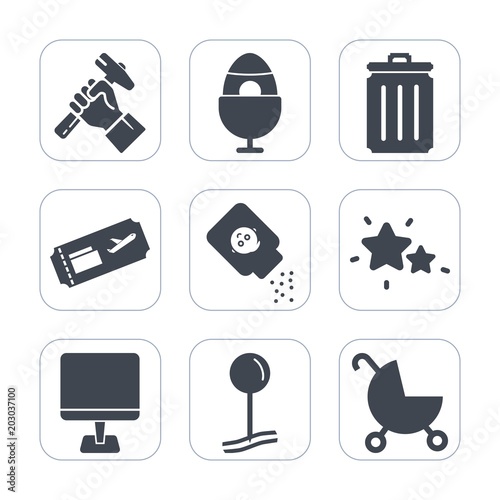 Premium fill icons set on white background . Such as pc, helmet, astronomy, health, white, colorful, ticket, decoration, spring, trash, stroller, industry, powder, can, holiday, work, child, site, pin