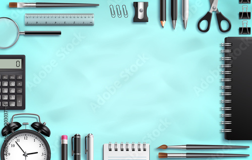 School supplies set vector background template with black office items, stationery and blank empty space for text in blue textured background. Vector illustration.
