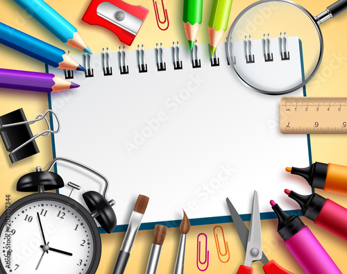 Back to school vector background template with school items, office supplies and empty white paper for text and message for education design. Vector illustration.

