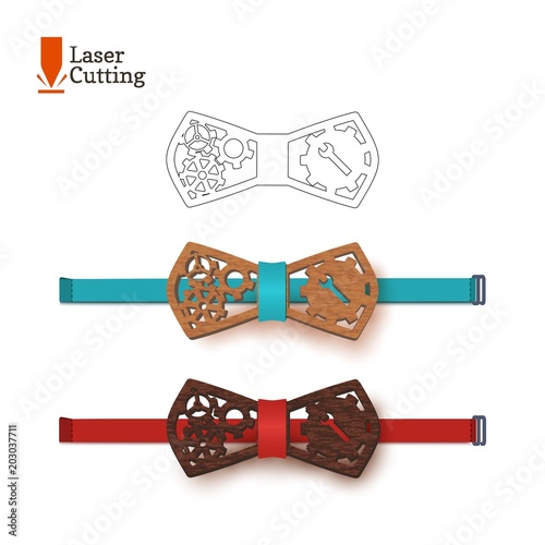 Laser cut bow-tie template whith gear and wrench. Vector silhouette for cutting a bow tie on a lathe made of wood, metal, plastic. The idea of design of a stylish accessory