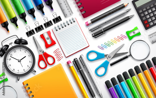 School and office supplies vector set background with colorful school items and stationery collection in white background. Vector illustration.
 photo