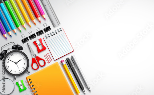 Back to school vector template with colorful school items and set of office supplies in white background with empty blank space for text for education design. Vector illustration.
