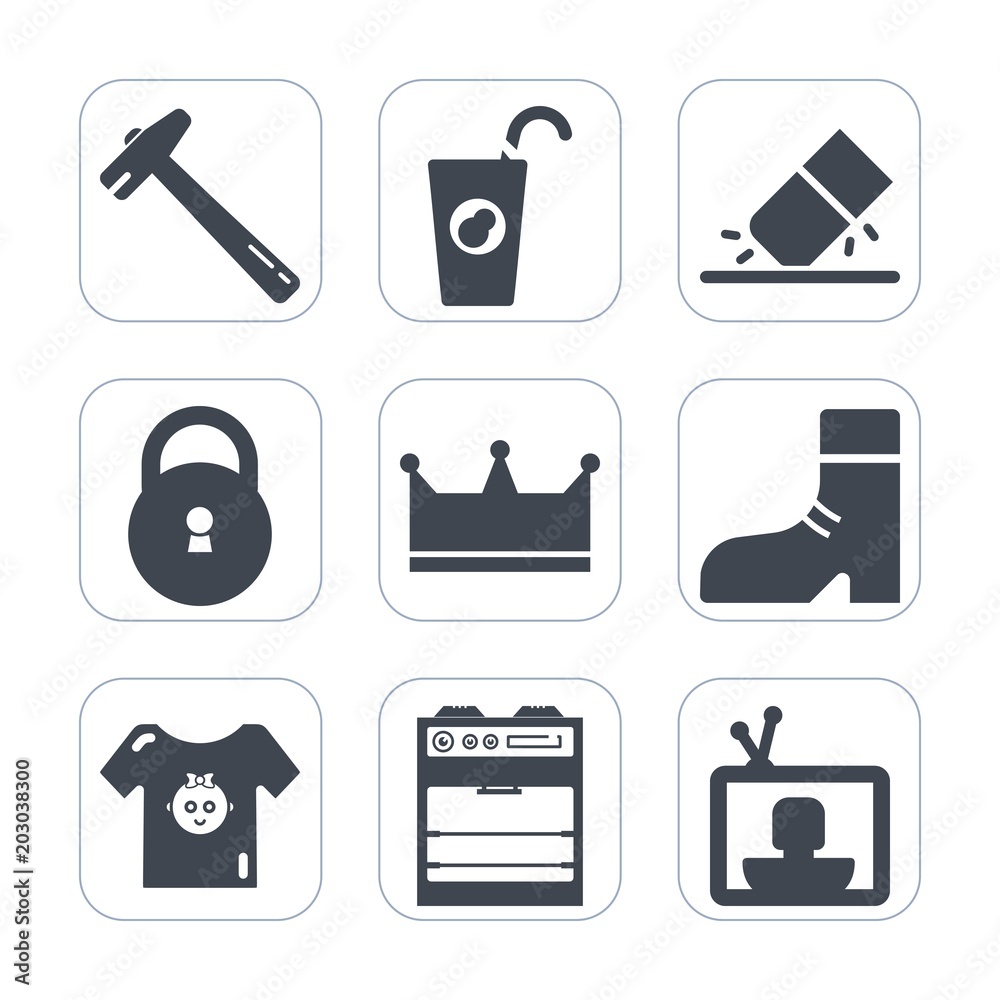 Premium fill icons set on white background . Such as food, tool, wrench, technology, child, spanner, construction, fashion, clothing, tv, organic, drink, beverage, kid, oven, erase, office, screen Premium fill icons set on white background . Such as food, tool, wrench, technology, child, spanner, construction, fashion, clothing, tv, organic, drink, beverage, kid, oven, erase, office, screen