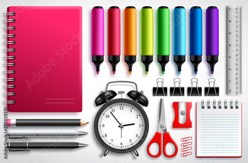 School materials vector set with coloring pens, notebook and office supplies isolated in white background. Educational elements for back to school designs.
