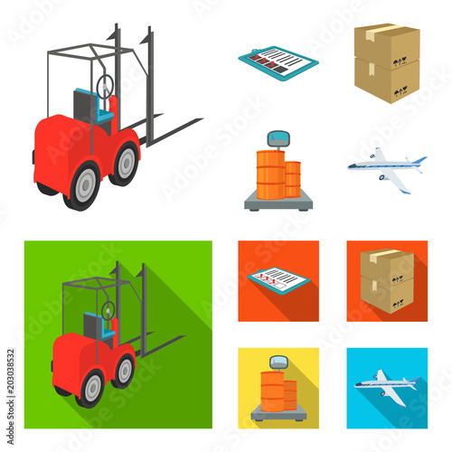 Forklift, delivery slips, packaged goods, cargo on weighing scales. Logistics and delivery set collection icons in cartoon,flat style isometric vector symbol stock illustration web.