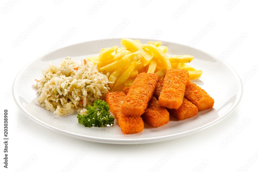 Fried fish sticks with french fries on white background