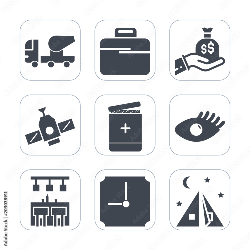 Premium fill icons set on white background . Such as medical, bar, time, cement, bag, equipment, briefcase, machinery, medicine, camp, tent, satellite, concrete, travel, outdoor, construction, station