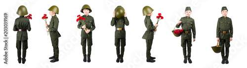 Quadro su tela boy in military uniform holds flowers 7 positions in a row, isolate on white