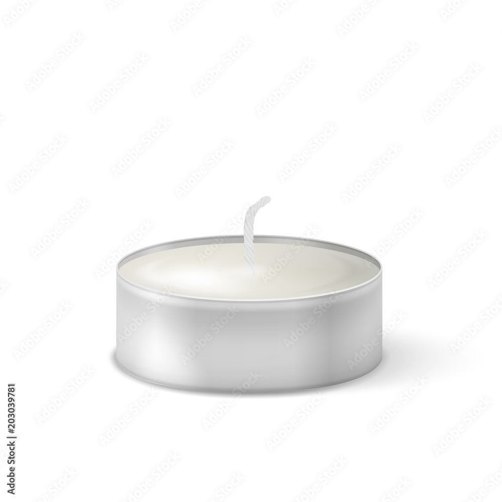 Vector 3d burning realistic candle light or tea light icon closeup isolated  on white background. Tea candle or candle in a case. Design template,  clipart for graphics. Happy Diwali festival, birthday Stock