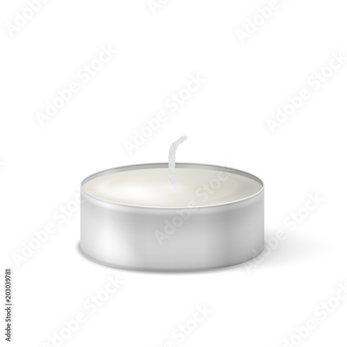 Vector 3d burning realistic candle light or tea light icon closeup isolated on white background. Tea candle or candle in a case. Design template, clipart for graphics. Happy Diwali festival, birthday