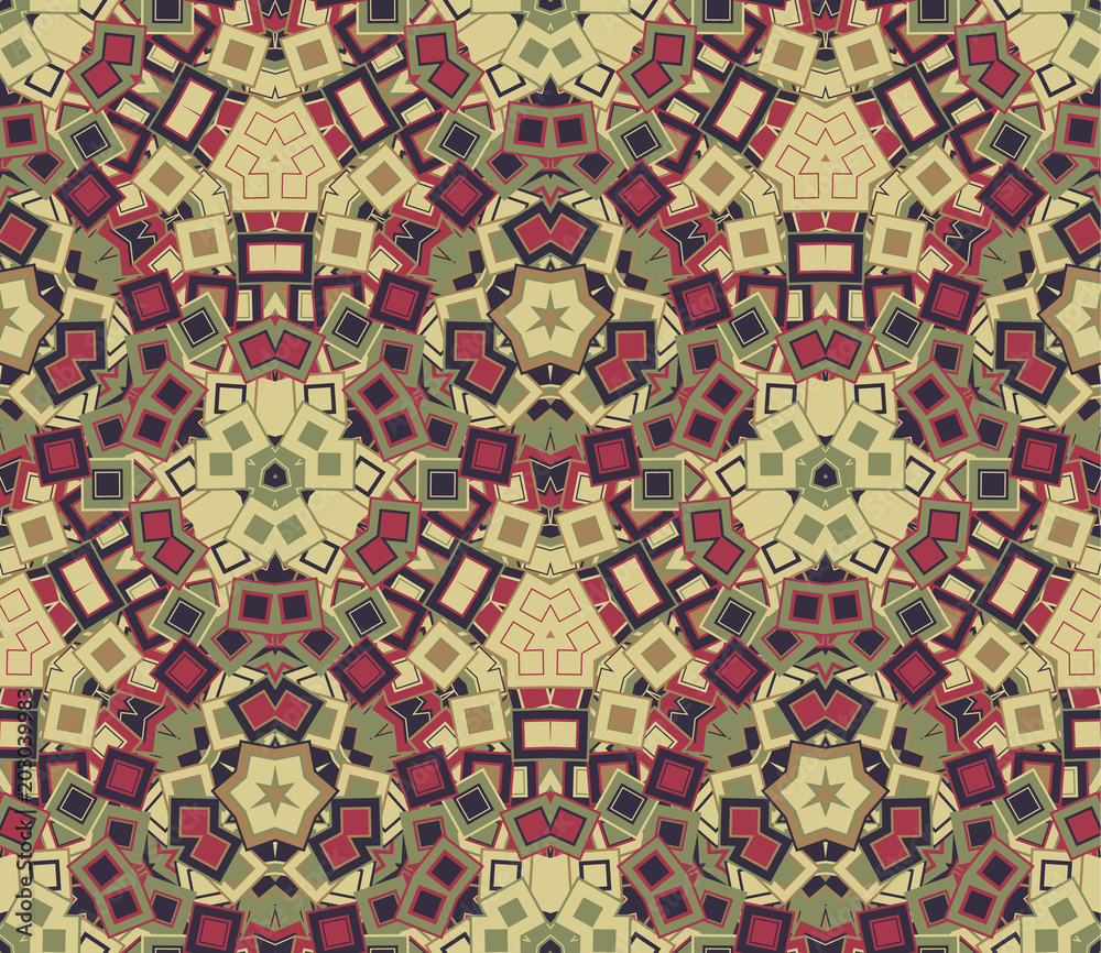 Kaleidoscope abstract seamless pattern, background. Composed of colored geometric shapes. Useful as design element for texture and artistic compositions.