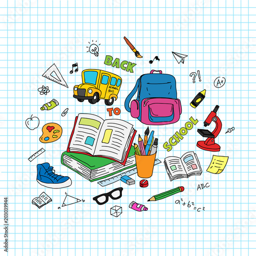 Back to School text. School and studying stuff doodle with grid paper background