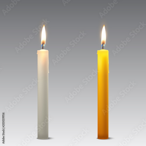 Vector 3d realistic white and orange paraffin or wax burning party candle icon set closeup isolated. Design template, clipart for graphics