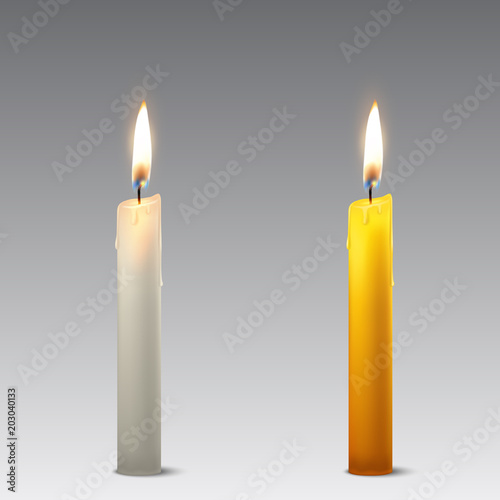 Vector 3d realistic white and orange paraffin or wax burning party candle icon set closeup isolated. Design template, clipart for graphics