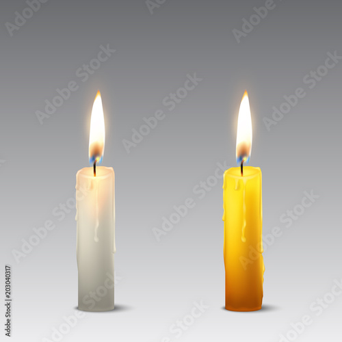 Vector 3d realistic white and orange paraffin or wax burning party candle icon set closeup isolated. Design template, clipart for graphics