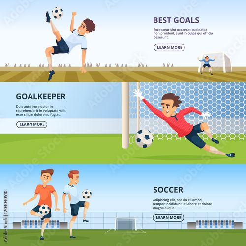 Sport events. Soccer characters playing football. Design template of horizontal banners