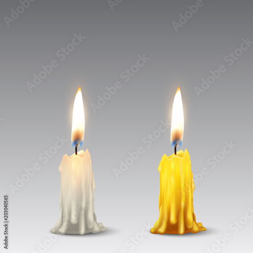 Vector 3d realistic white and orange paraffin or wax burning party candle or candle stump icon set closeup isolated. Design template, clipart for graphics