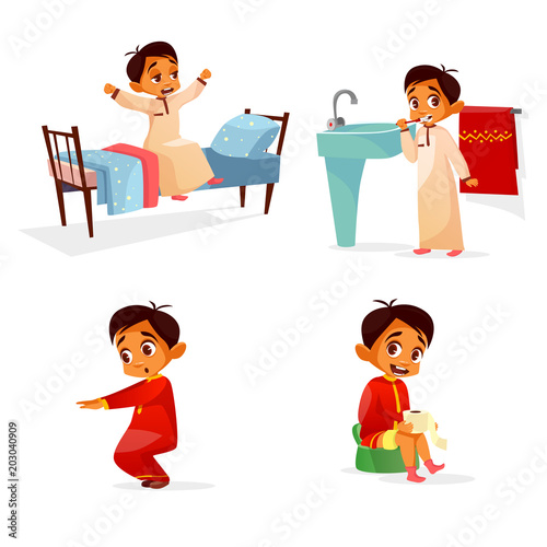 Vector cartoon arab boy daily routine, morning activity set. Male muslim character wake up, stretch, brushing teeth doing squat gymnastics toilet hygiene. Illustration emirates kid lifestyle