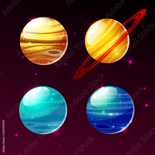 Planets of galaxy vector illustration icons of cartoon Mars, Mercury or Venus and Saturn rings or Jupiter fantastic galactic planets satellites of solar system,on outer space and stars background