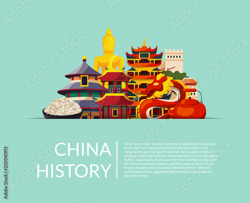 Vector pile of flat style china elements and sights hidden in horizontal paper pocket with shadow and place for text