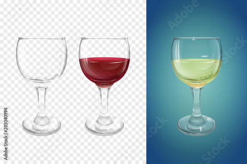Wineglass 3D vector illustration of realistic crockery for wine. Isolated transparent glasses or glassware mockup template models set for alcoholic drinks, empty and with half of white and red wine