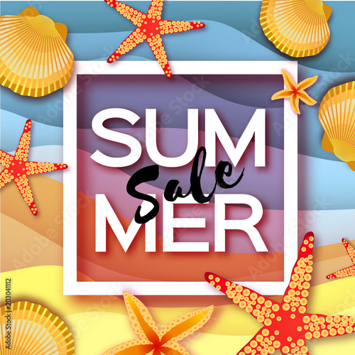 Origami clam mollusc shells. Summer Sale. Exotic Paper cut art. Square frame. Text. Special offer. Poster Flyer.