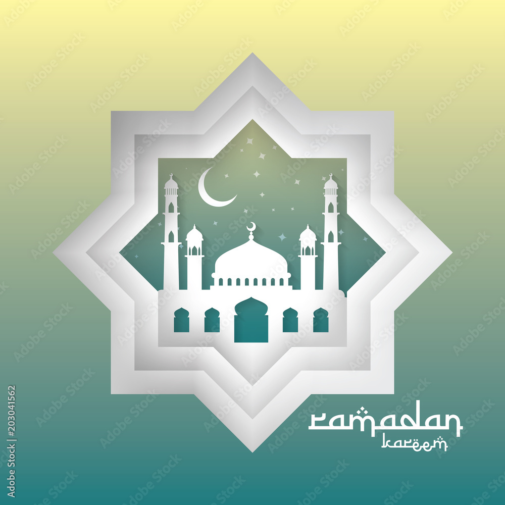 Ramadan Kareem islamic greeting card design with 3D dome mosque element in paper cut style. background Vector illustration.