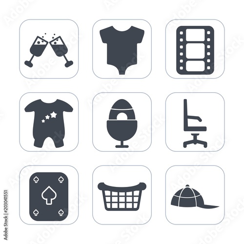 Premium fill icons set on white background . Such as drink, wine, fashion, liquid, clothing, baby, film, cinema, armchair, poker, bar, basket, wineglass, child, home, interior, glass, headwear, movie