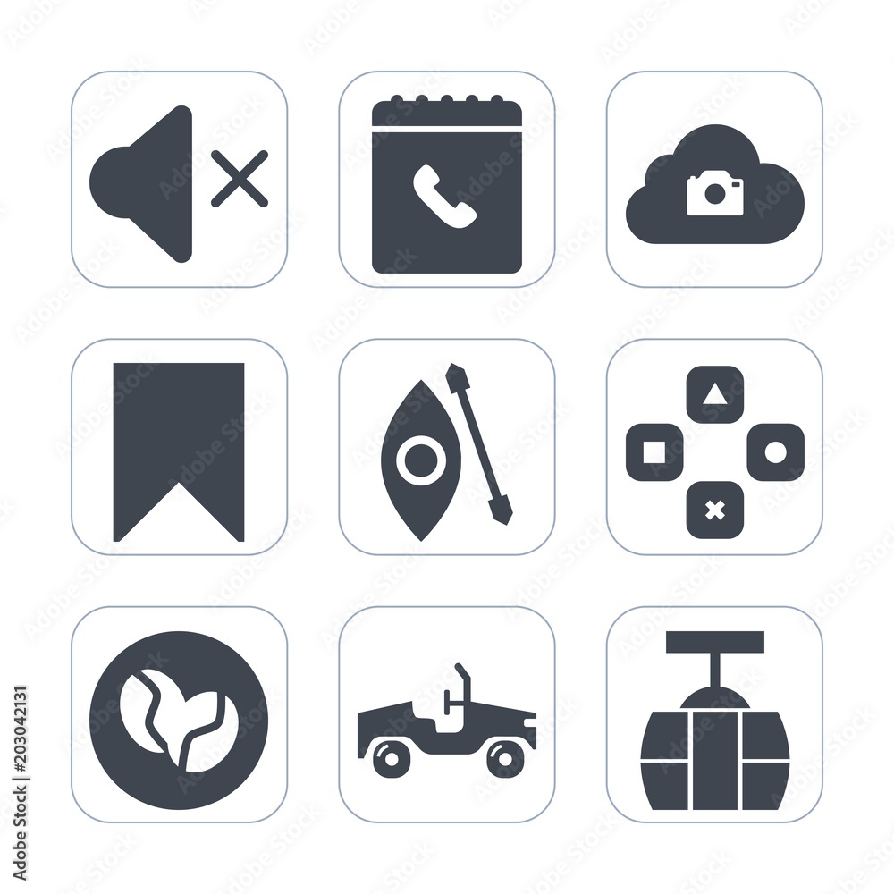 Premium fill icons set on white background . Such as adventure, food, transportation, lake, automotive, mute, coffee, technology, video, sky, bean, contact, play, canoe, phone, kayak, star, sound, web