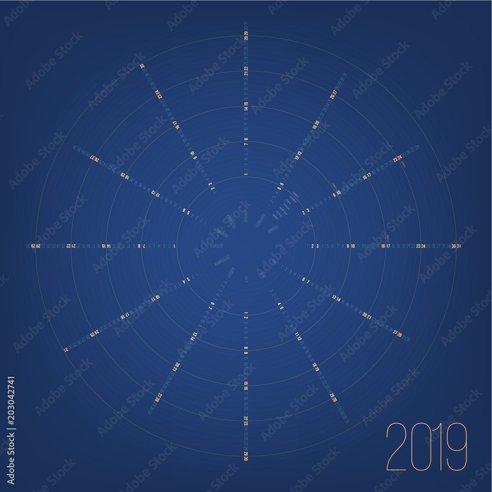 Obraz premium Circular calendar 2019 year. Minimal date poster