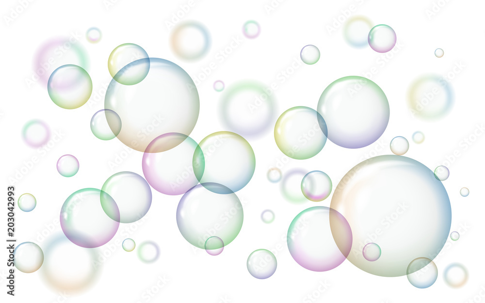 Shiny soap bubbles on white background. Vector illustration. Balls with a glare.