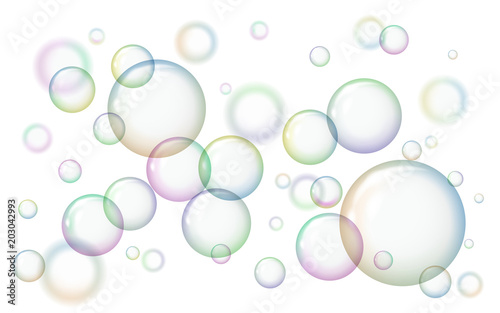 Shiny soap bubbles on white background. Vector illustration. Balls with a glare.