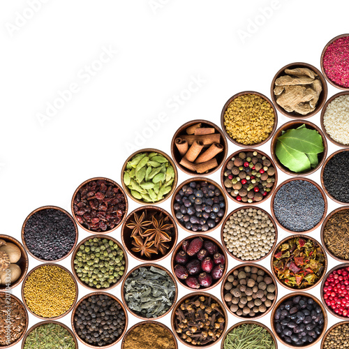 Fototapeta Naklejka Na Ścianę i Meble -  Collection of Indian spices and herbs isolated on white. food seasoning background