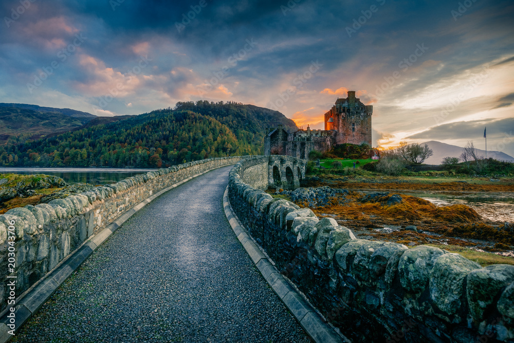 Eilean Donan Castle and a dramatic sunset sky on a Halloween evening