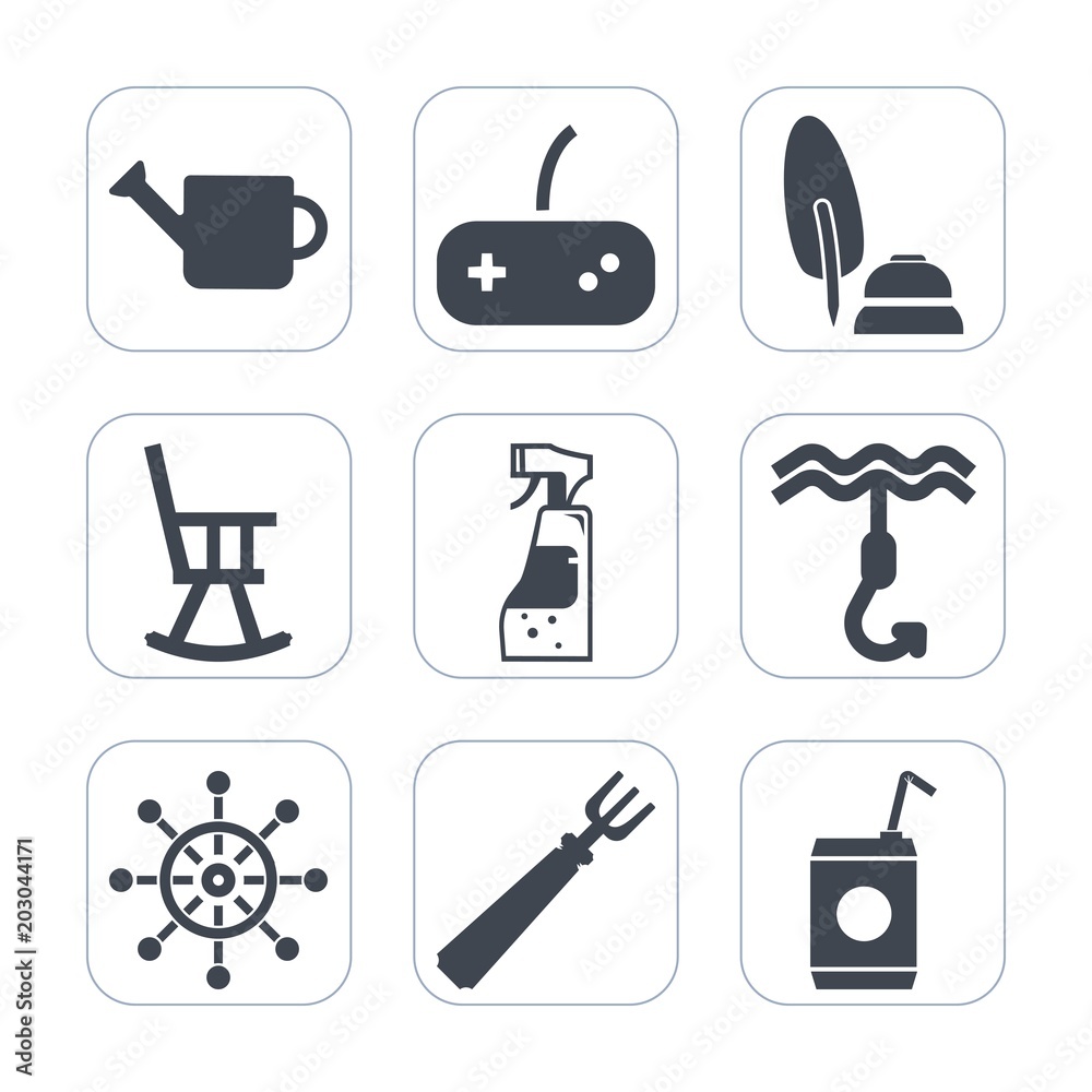 Premium fill icons set on white background . Such as paper, furniture, fountain, nautical, gaming, cold, office, sign, game, joystick, black, object, gardening, ship, beverage, rudder, spoon, pen, can Premium fill icons set on white background . Such as paper, furniture, fountain, nautical, gaming, cold, office, sign, game, joystick, black, object, gardening, ship, beverage, rudder, spoon, pen, can