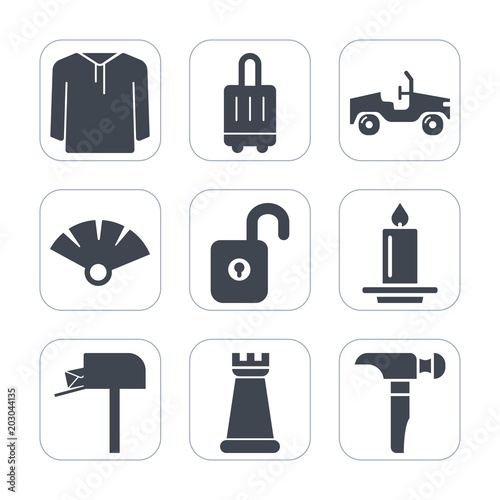 Premium fill icons set on white background . Such as vehicle, hammer, sensu, japanese, car, king, airport, bag, fan, clothing, message, saw, journey, security, suitcase, candle, terminal, clothes, box