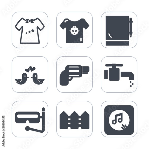 Premium fill icons set on white background . Such as paper, love, page, handgun, snorkel, bathroom, pistol, pigeon, army, cute, firearm, bird, gun, valentine, notebook, summer, dove, clothes, office