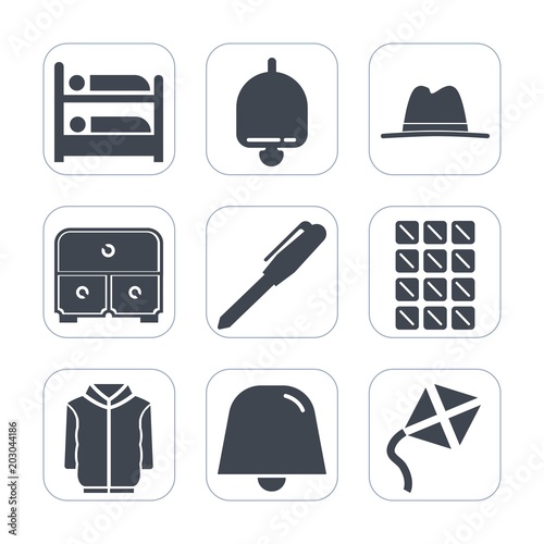 Premium fill icons set on white background . Such as white, fashion, equipment, travel, business, object, bell, hotel, call, candy, leisure, stationery, kite, alarm, dessert, drawer, cabinet, dark
