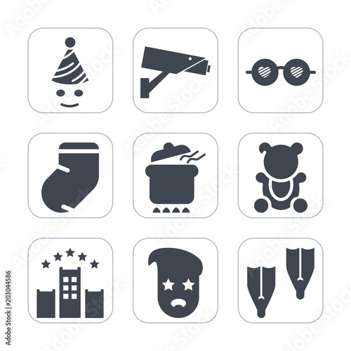 Premium fill icons set on white background . Such as camera  winter  food  underwater  surveillance  flipper  teddy  funny  holiday  clothes  bed  vacation  clown  hipster  glasses  sign  sport  meal