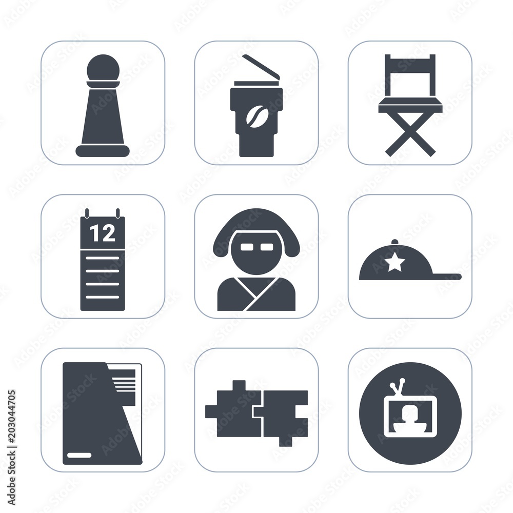 Premium fill icons set on white background . Such as japan, cap, paper, play, take, clothing, kimono, away, coffee, king, car, calendar, cup, technology, tv, geisha, element, knight, reminder, fashion