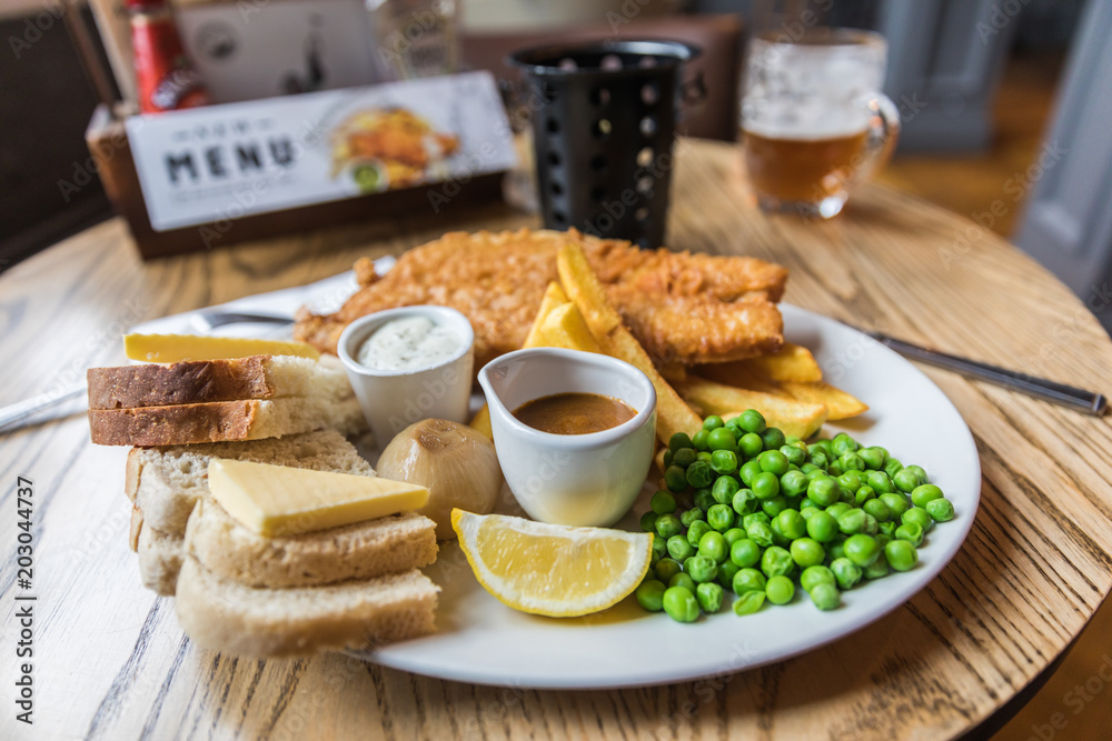 A typical fish and chips meal in a Scottish pub