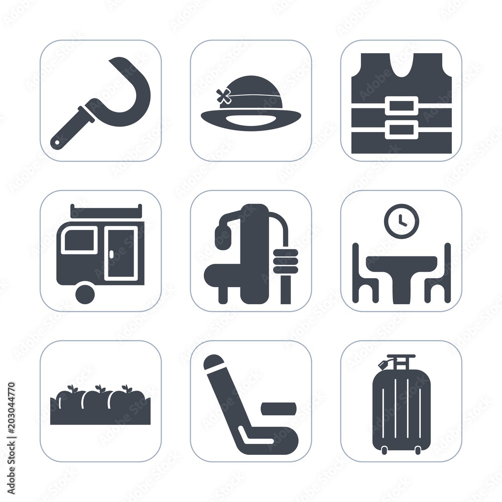 Premium fill icons set on white background . Such as food, vacation, sickle, nature, box, tool, championship, journey, object, caravan, exercise, farming, table, competition, protective, safety, vest Premium fill icons set on white background . Such as food, vacation, sickle, nature, box, tool, championship, journey, object, caravan, exercise, farming, table, competition, protective, safety, vest