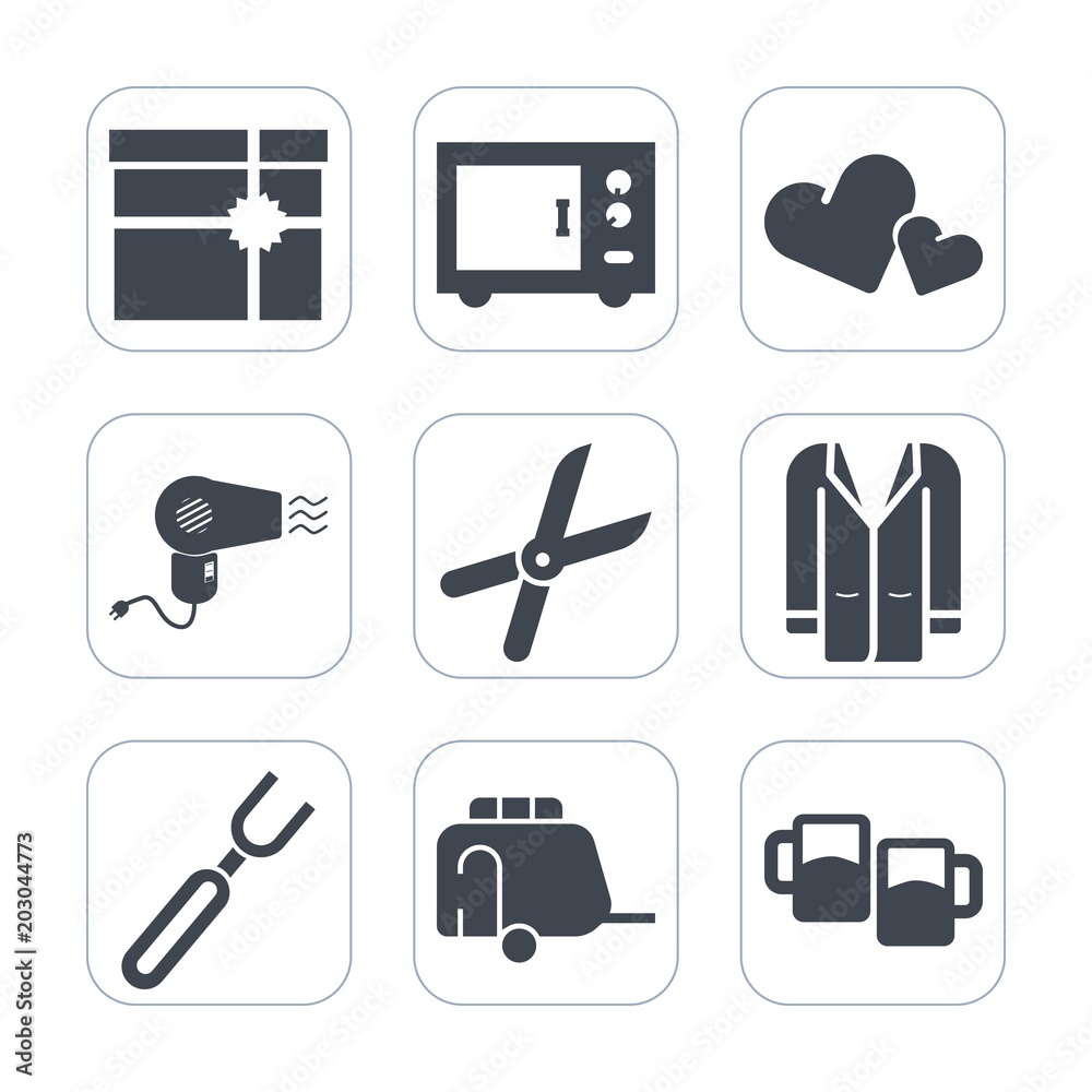 Premium fill icons set on white background . Such as coat, dinner, package, ribbon, spoon, van, transportation, dryer, microwave, gardening, hairdryer, romance, bow, vehicle, fork, jacket, holiday Premium fill icons set on white background . Such as coat, dinner, package, ribbon, spoon, van, transportation, dryer, microwave, gardening, hairdryer, romance, bow, vehicle, fork, jacket, holiday