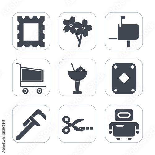 Premium fill icons set on white background . Such as frame, android, beautiful, blossom, cherry, branch, message, game, art, industrial, drink, reparation, tool, pattern, blank, play, technology, mail