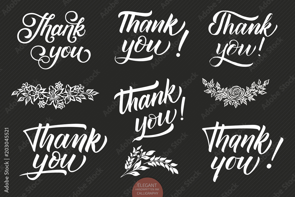 Set of hand drawn lettering Thank You. Elegant modern handwritten calligraphy with thankful quote. Vector Ink illustration. Typography poster on dark background. For cards, invitations, prints etc.