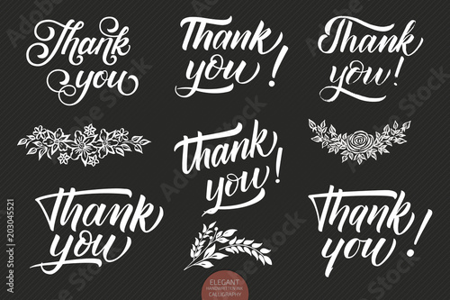 Set of hand drawn lettering Thank You. Elegant modern handwritten calligraphy with thankful quote. Vector Ink illustration. Typography poster on dark background. For cards, invitations, prints etc.