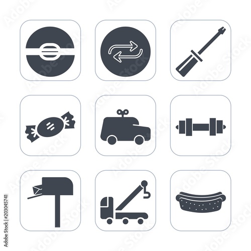 Premium fill icons set on white background . Such as fitness, dinner, screwdriver, candy, replacement, construction, people, change, tow, work, vehicle, mailbox, substitute, hotdog, tool, accident